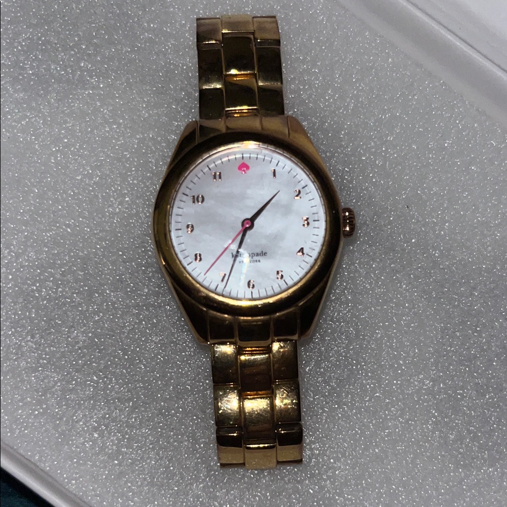 Kate Spade Gold Tone Bracelet Watch With Mother-Of-Pearl Dial And Pink Accents